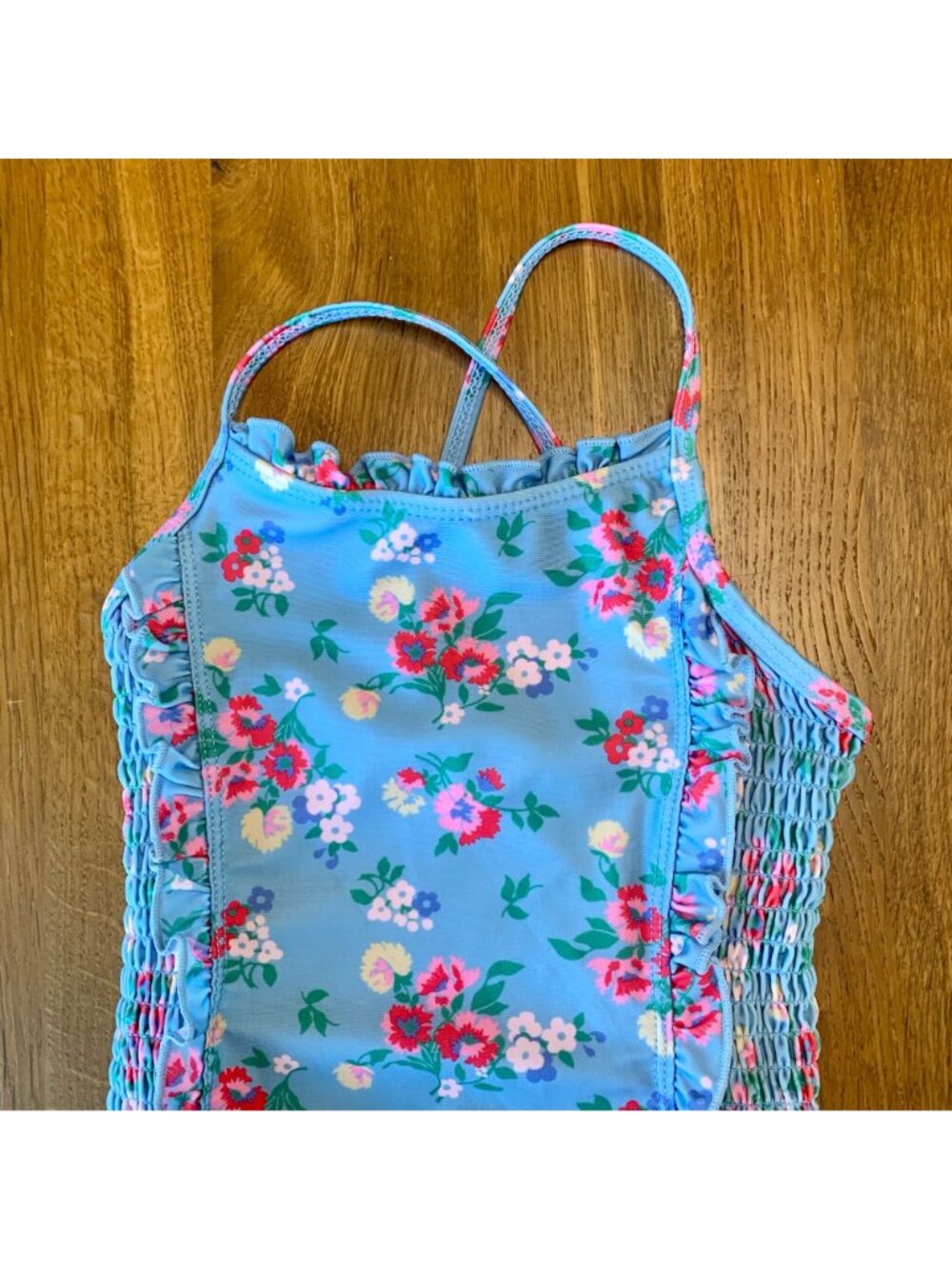 CATH KIDS Floral Swimsuit Girls 3-4 3T 4T Pink Blue Cross Back Ruffles Smocking - Picture 3 of 8